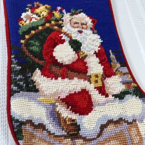 Vintage Style Needlepoint Christmas Stocking Santa In Chimney Wool Blend MCM - Picture 2 of 6